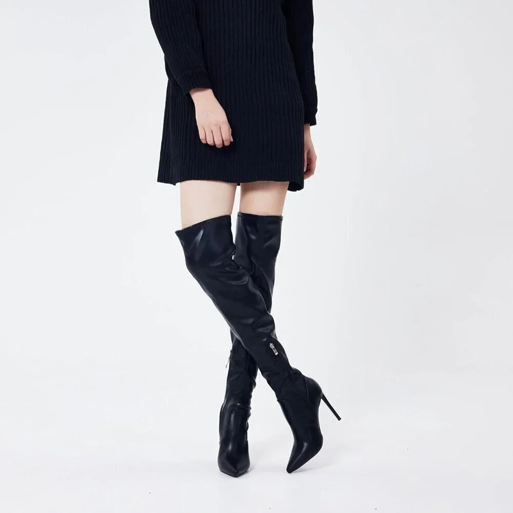 Women Black Matte Suede Pointed Toe 4.3 inch Stilettos Thigh High Heels Boots